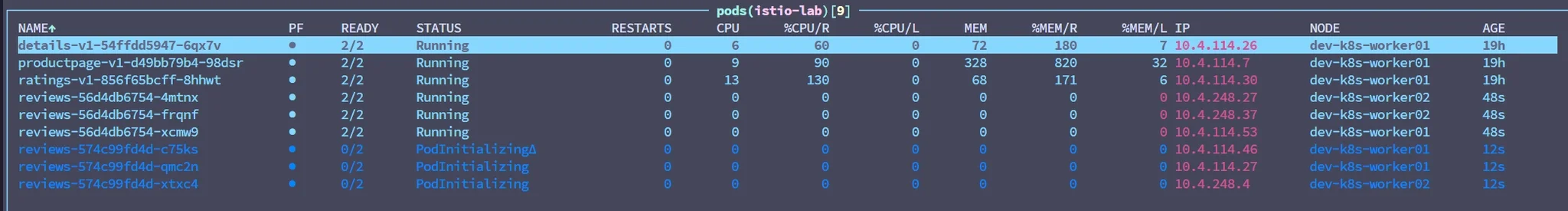 Blue/Green Paused 상태 - reviews Pod 6개 (Blue 3 + Green 3)