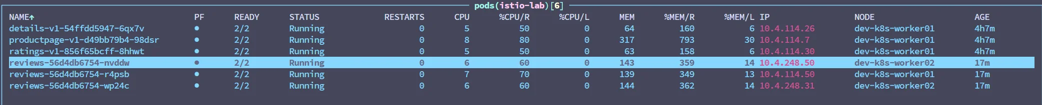 istio-lab 네임스페이스 Pod 현황